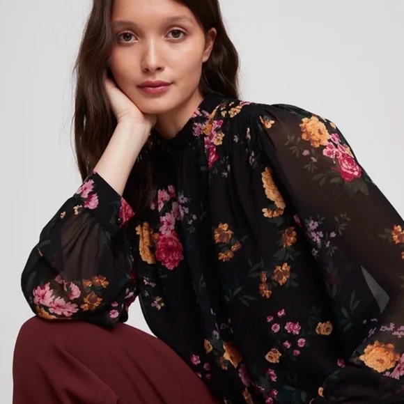 Aritzia Wilfred Paula Blouse- Black Floral Long Sleeve High Neck Chiffon Top - Picture 4 of 7